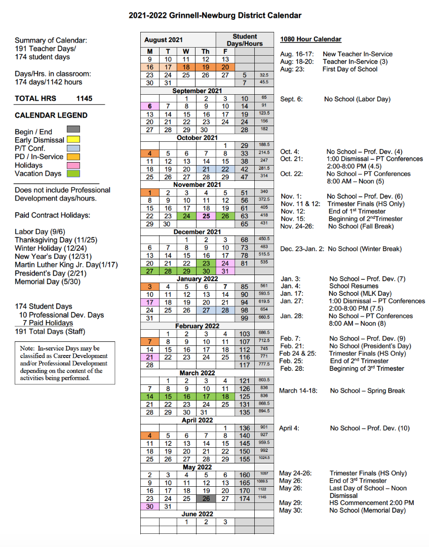 District 91 Calendar 2022 Grinnell-Newburg Csd - 2021-2022 District Calendar